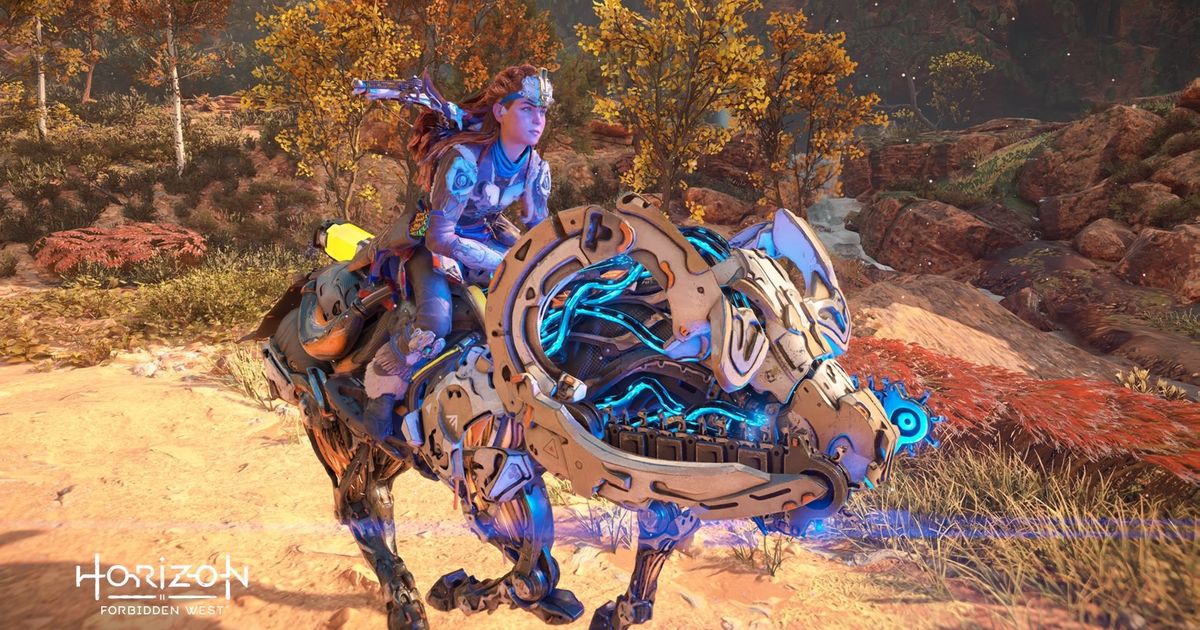 Horizon Forbidden West Aloy riding a Charger on the road leading out of Chainscrape