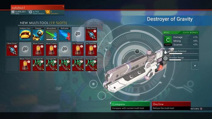 An image of the multi-tool and its slots in No Man's Sky. 