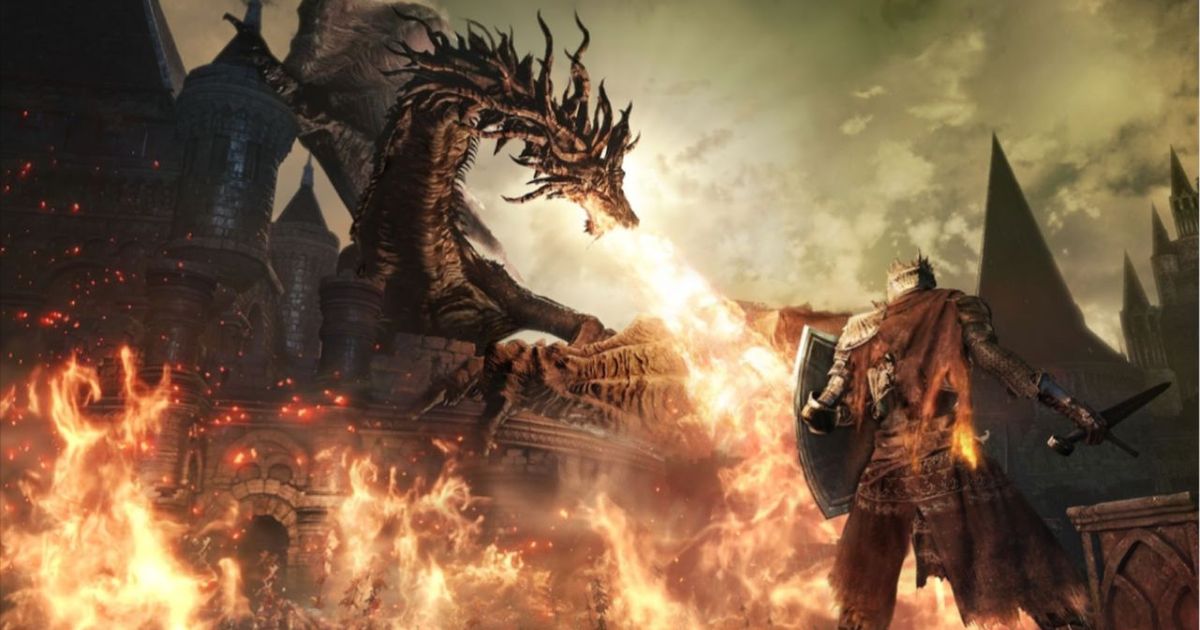 The character is fighting the dragon in Dark Souls game.