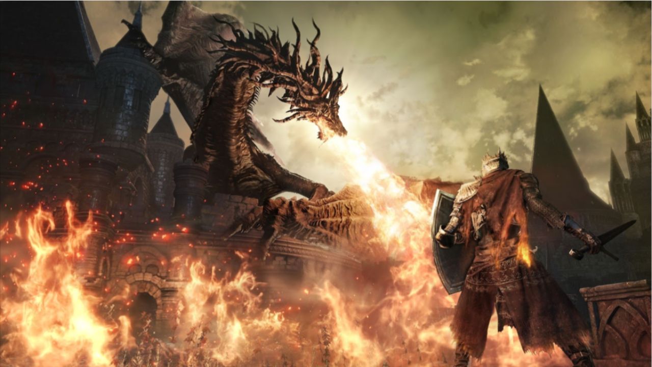 The character is fighting the dragon in Dark Souls game.