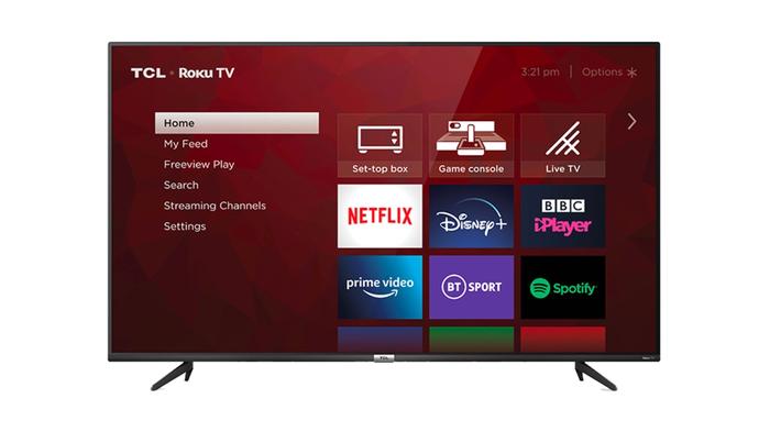 Best cheap 4K TV - TCL RP620K product image of a black-framed TV with a red Roku TV hub on the display.