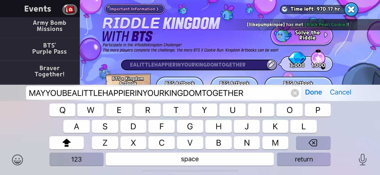 How to enter the BTS Cookie Run Kingdom riddle code.