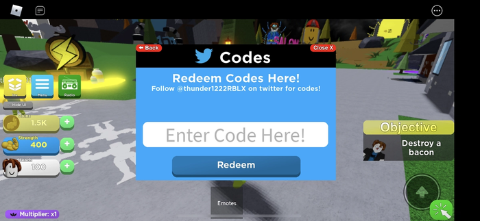 Screenshot of the Mega Noob Simulator code redemption screen, with a Codes text box and Redeem button