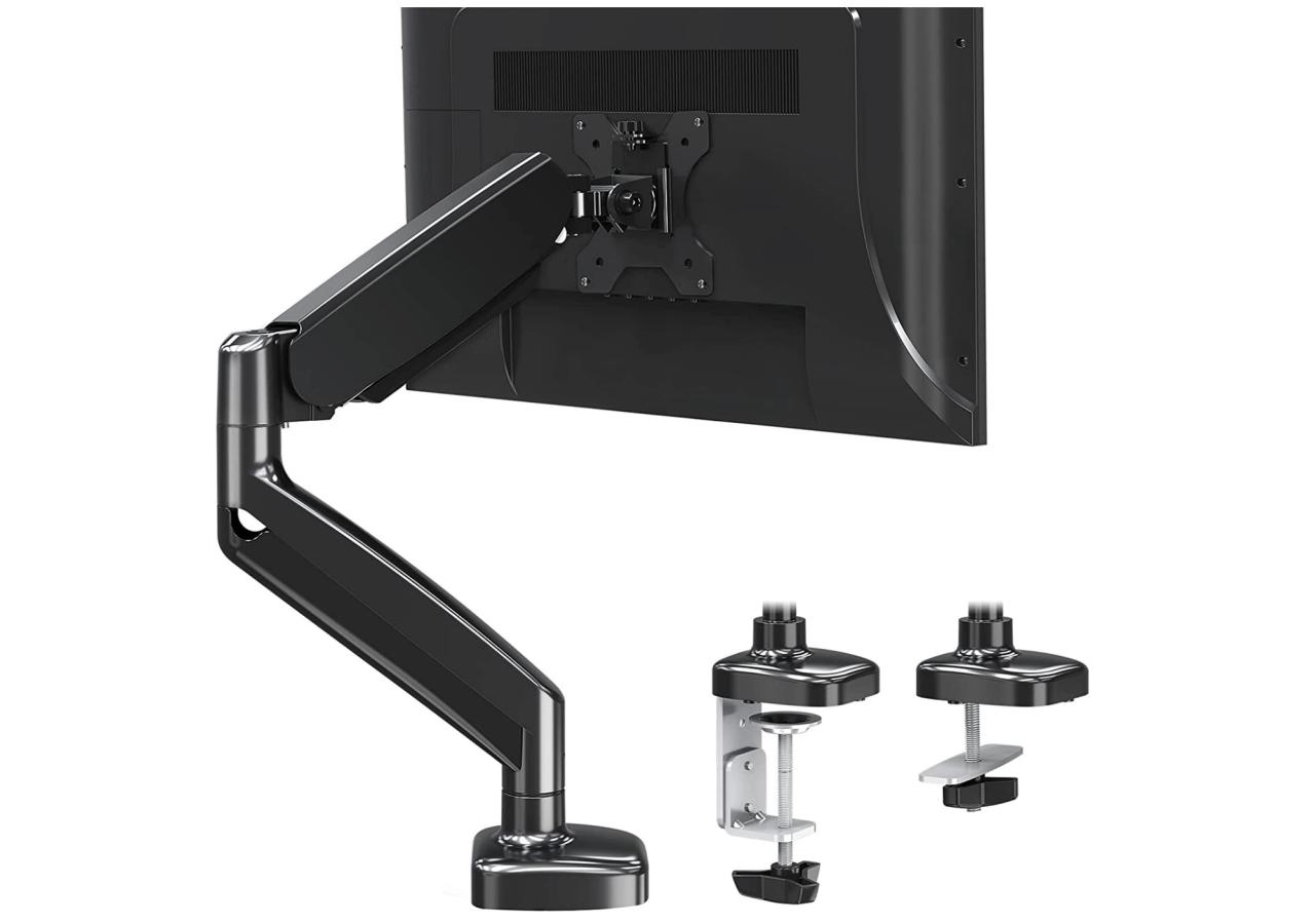 best monitor arm gas powered mountup, product picture of monitor arm from the back, with two closeups of C-clamps