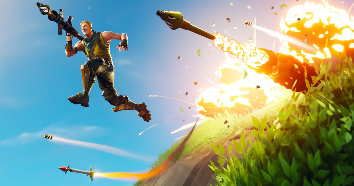 Fortnite player holding rocket launcher with rockets and explosions in background
