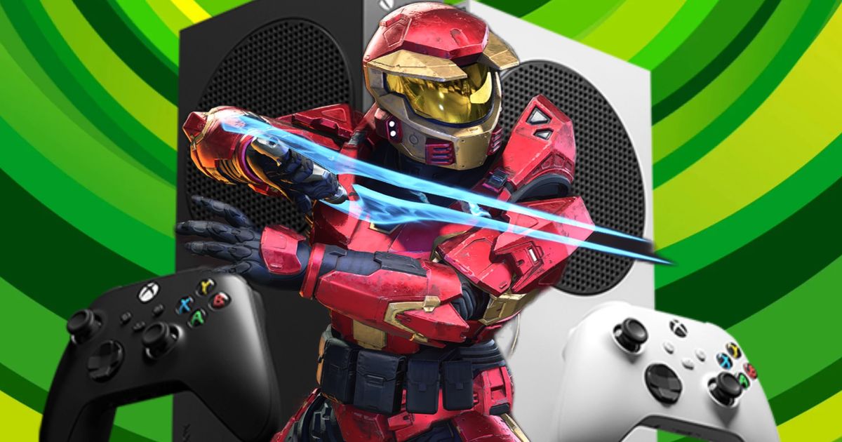 A Red and Gold Mark V halo spartan holding an energy sword on top of an Xbox Series X and Series S games console 
