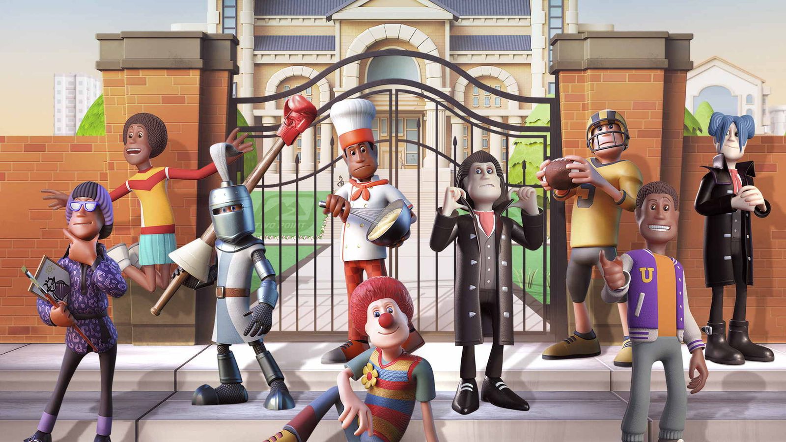 The key art for Two Point Campus, featuring characters sitting outside the school gates.