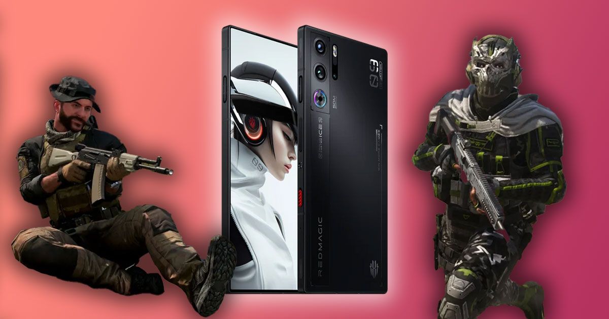 A black phone with a character holding a white headset on the display, and soliders from Warzone Mobile on either side.