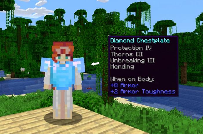A Minecraft player is stood in front of a forest and river. They are wearing an enchanted chestplate.