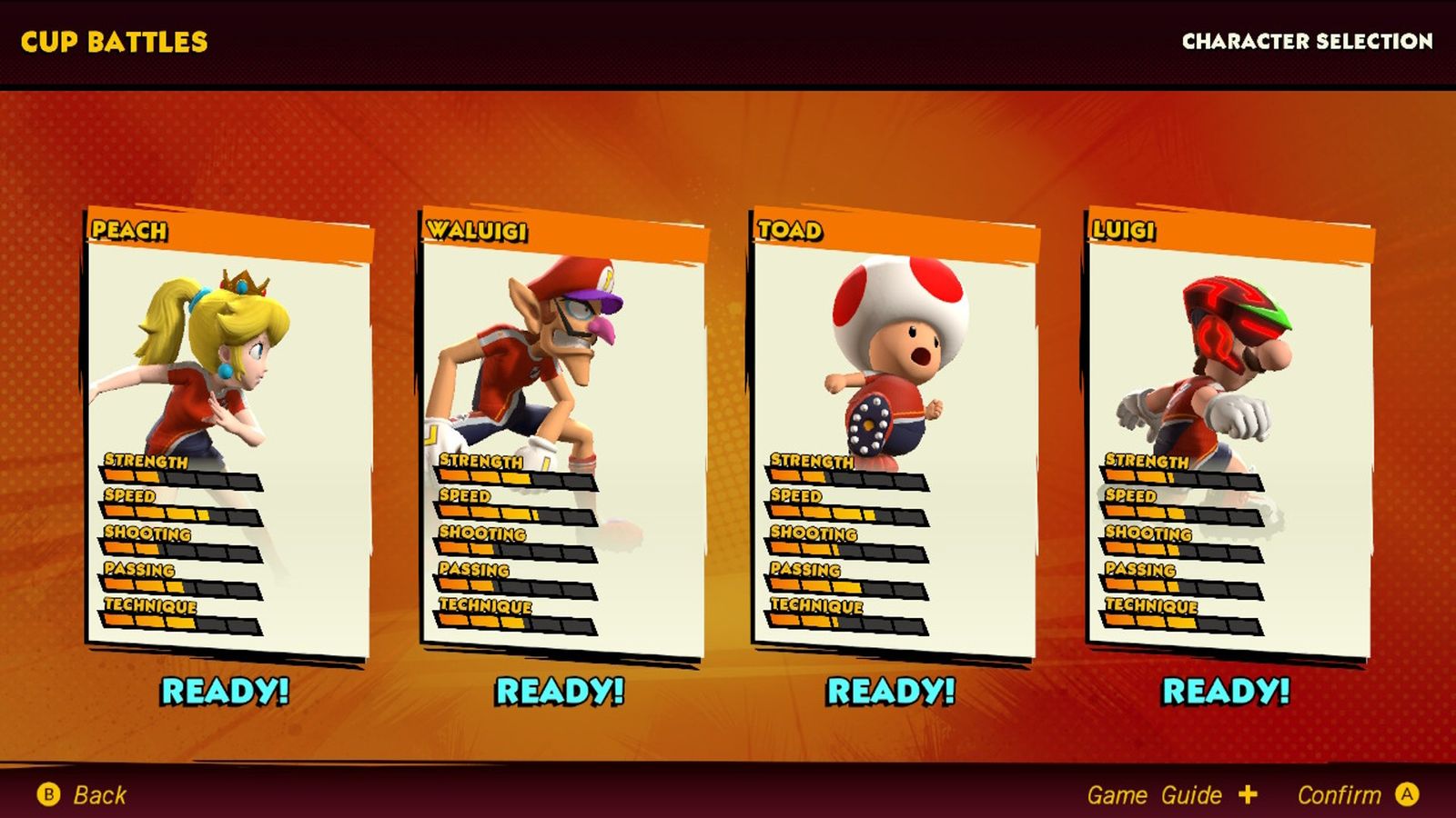 Image of the Cup Battles lineup menu in Mario Strikers: Battle League.