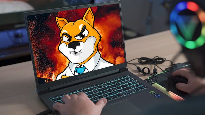 Shiba Inu character on burning background, on a gaming laptop.