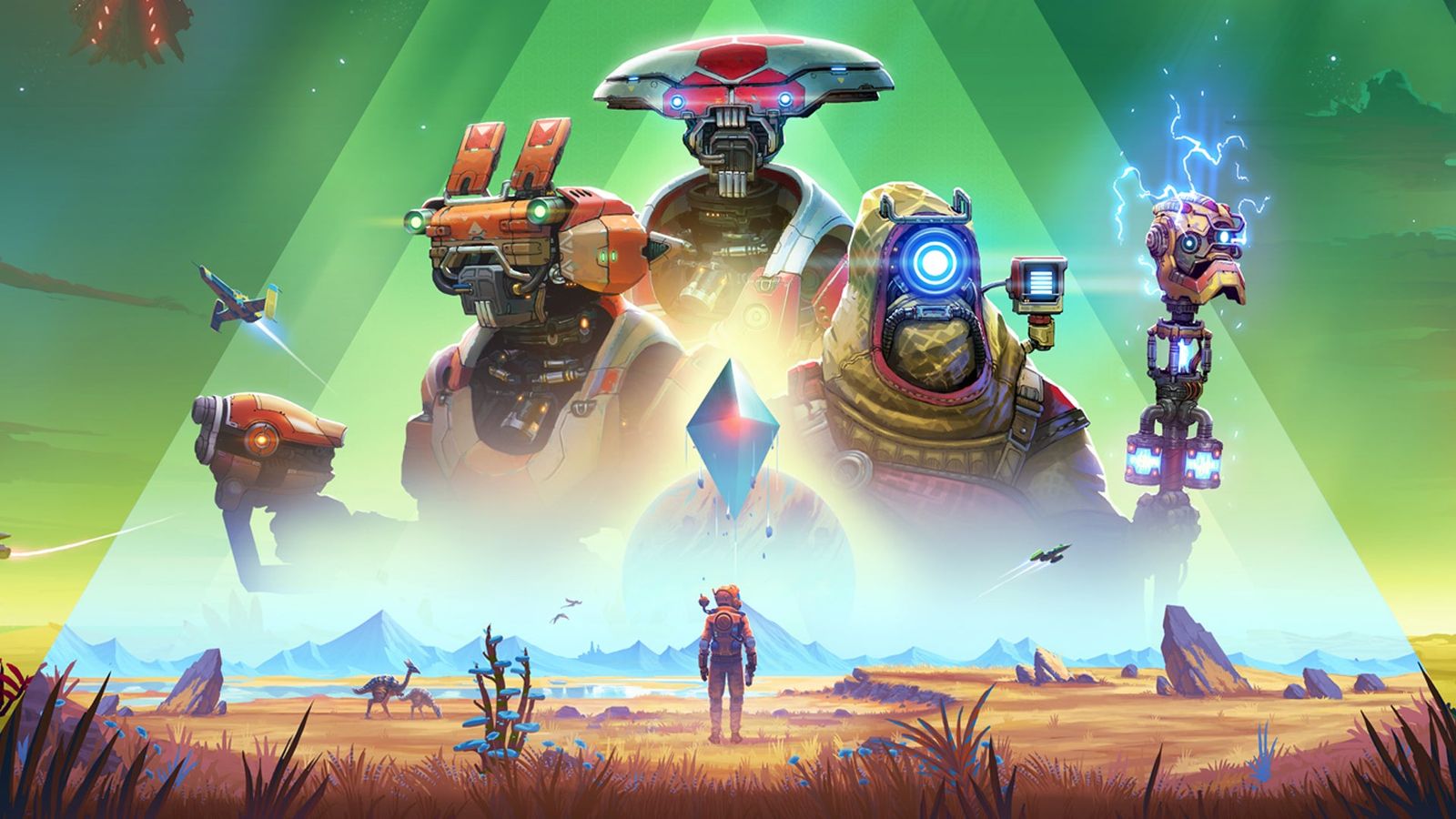 No Man's Sky Echoes robots in sky with space explorer in foreground