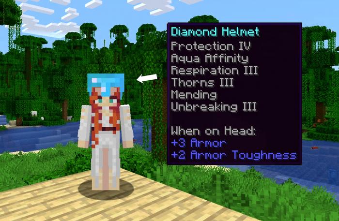 A Minecraft player is stood in front of a forest and river. They are wearing an enchanted helmet.