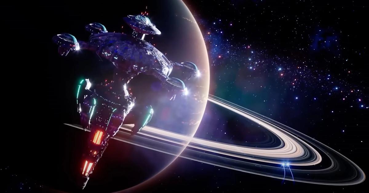 Spaceship with a planet in the background during the System Shock remake trailer.