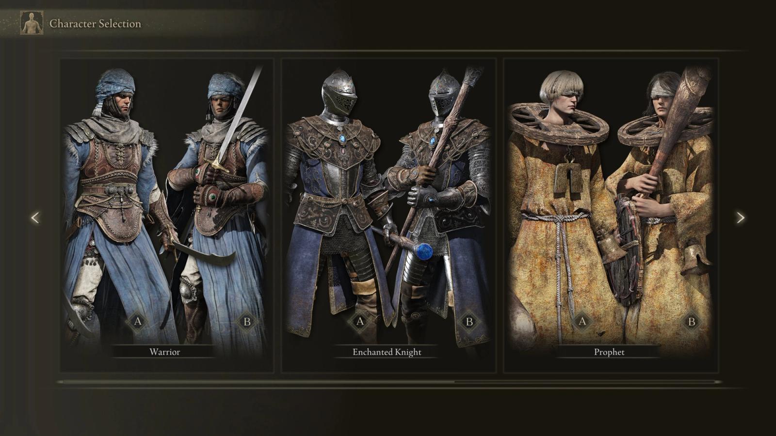 Elden Ring classes; the Warrior, Enchanted Knight, and the Prophet.