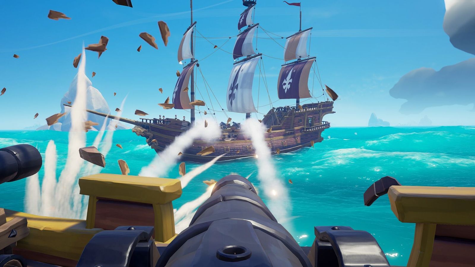 Cannons attacking a ship in Sea of Thieves.