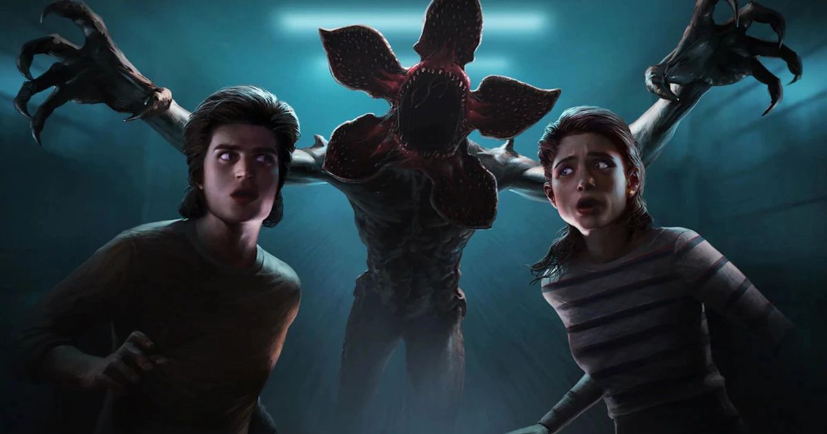 Key art for the collaboration between Dead by Daylight and Stranger Things featuring Steve Harrington, a Demogorgon, and Nancy Wheeler