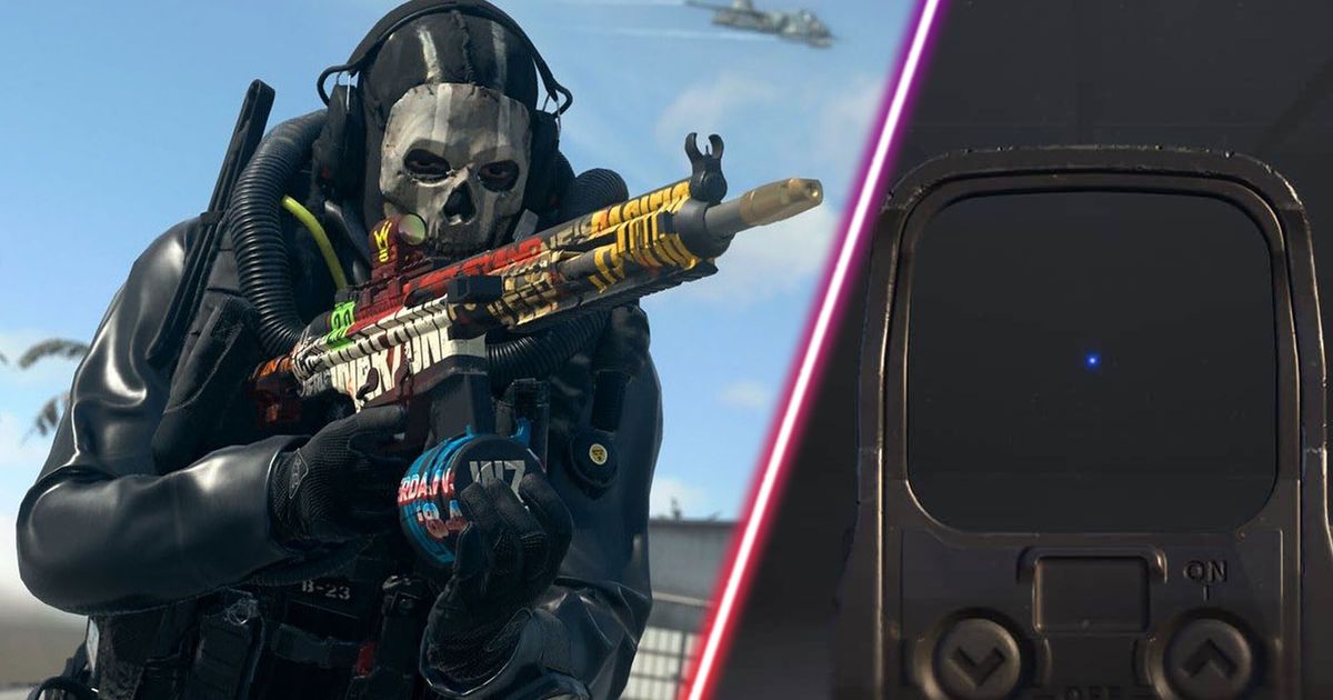 Screenshot of Warzone player dressed as Ghost holding assault rifle and a holographic sight displaying a small blue dot