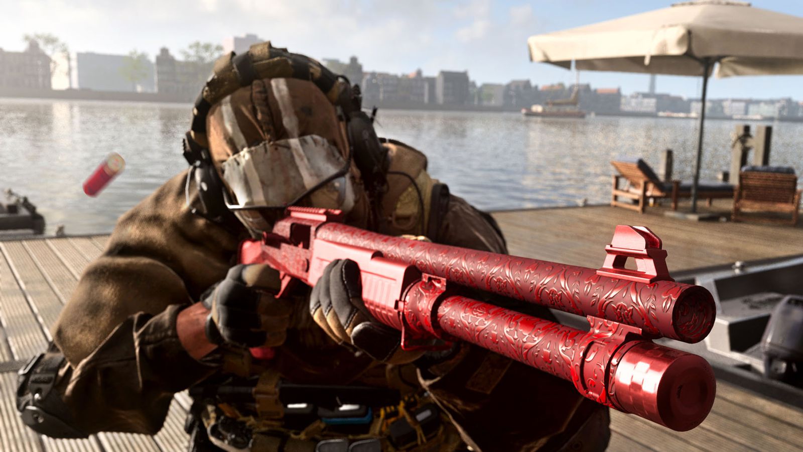 Screenshot of Warzone player aiming down sights of shotgun using red weapon camo