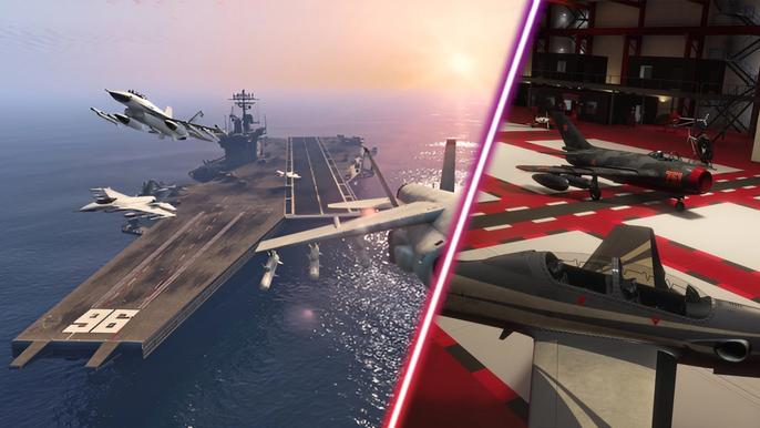 The aircraft carrier and some planes in GTA Online.