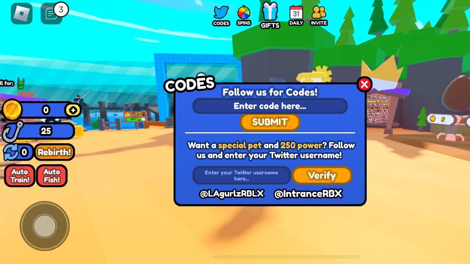 The code redemption screen in Fishing Frenzy Simulator.