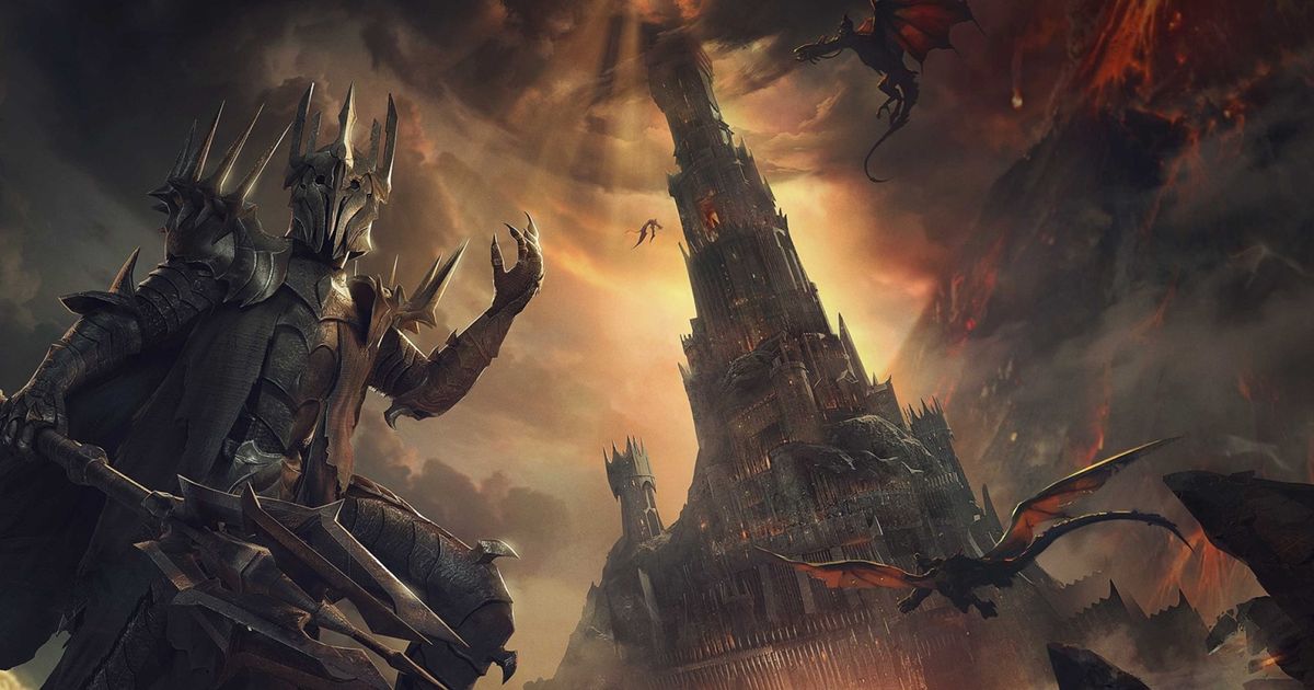 Image of Sauron facing the tower of Mordor in The Lord of the Rings: Rise to War.
