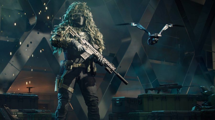 Another look at Casper holding a gun, while wearing a camouflaged suit. The drone is also to his right.