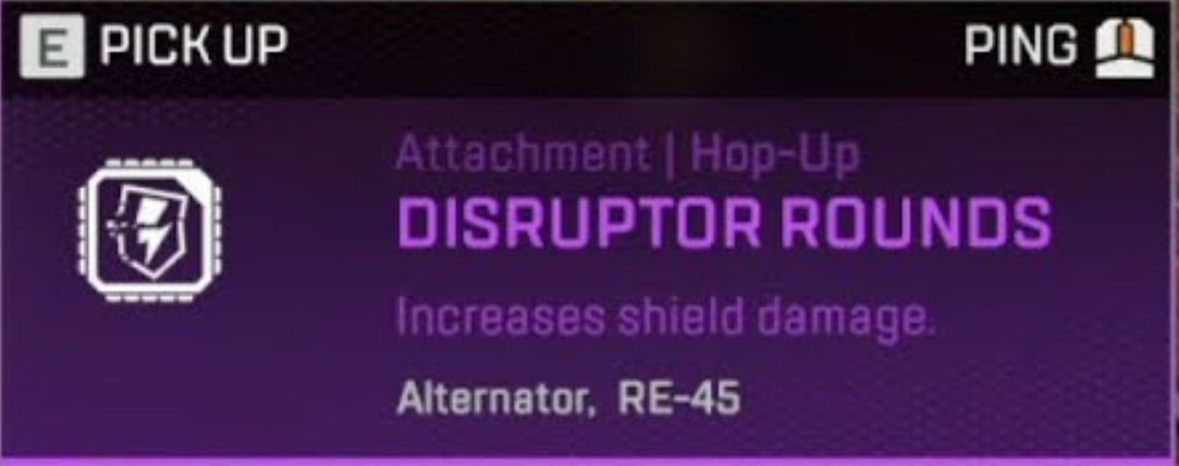 A screenshot from Apex Legends of the Disruptor Rounds hop-up, a purple background containing a description.