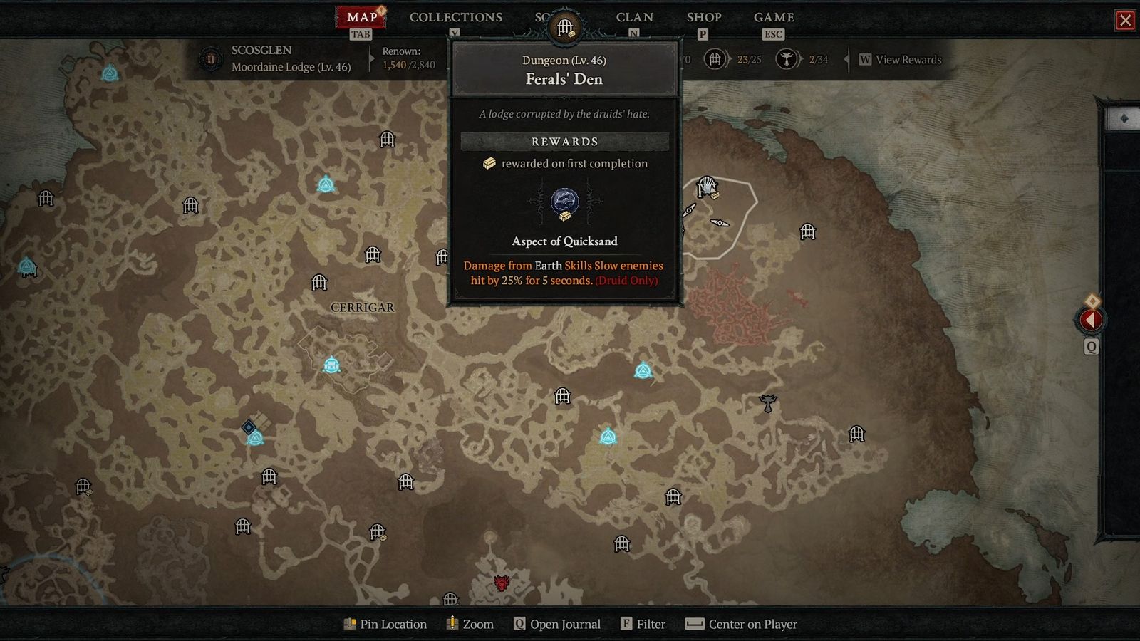 A screenshot of the Feral's Den quest in Diablo 4.