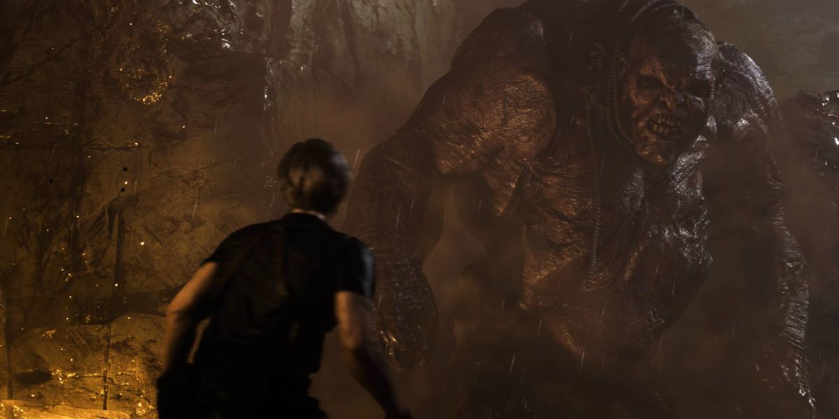 Leon S. Kennedy stares down El Gigante in Resident Evil 4 remake