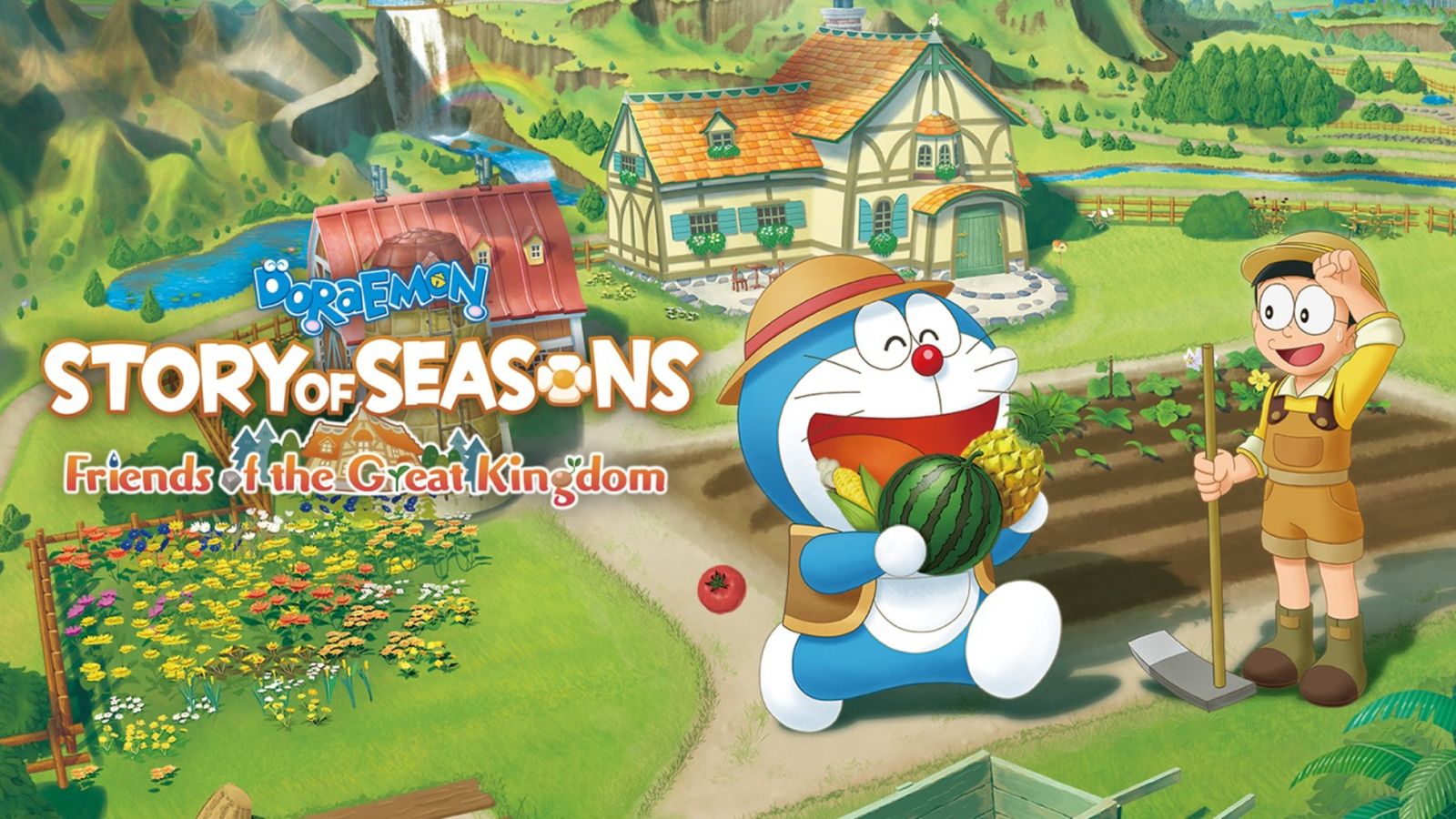 A farming scene with the Doraemon Story of Seasons logo on the left, while a blue and white cat character is on the right next to a boy.