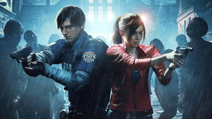 Leon Kennedy and Claire Redfield stands with their guns ready surrounded by zombies in a poster for Resident Evil 2.