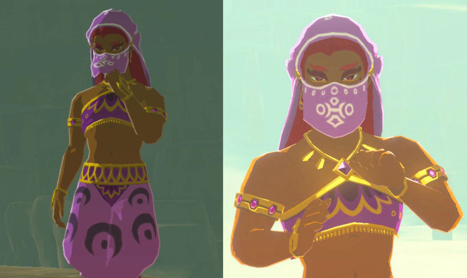 Two images of Vilia wearing a light purple veil and purple and gold clothing.