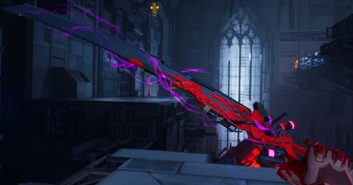 Ghostrunner 2 katana inspection; red hilt with glowing purple wisps