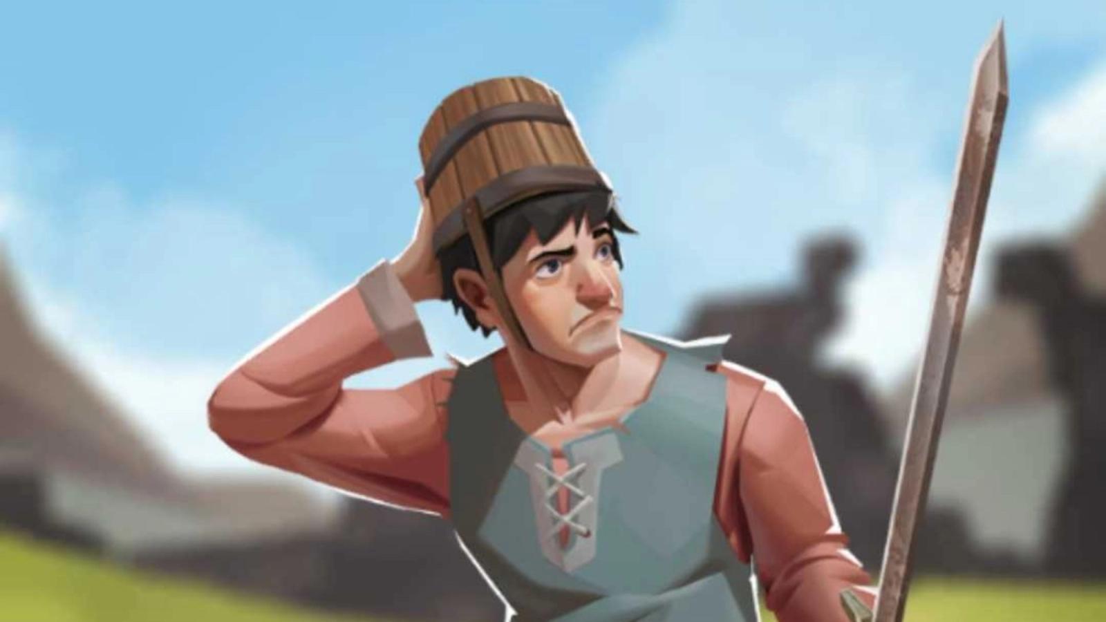 A clumsy man with a bucket on his head in Kingdom Maker
