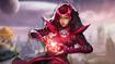 Scarlet Witch charging up a spell with her hands placed against a blurred image of the Asgard map from Marvel Rivals.