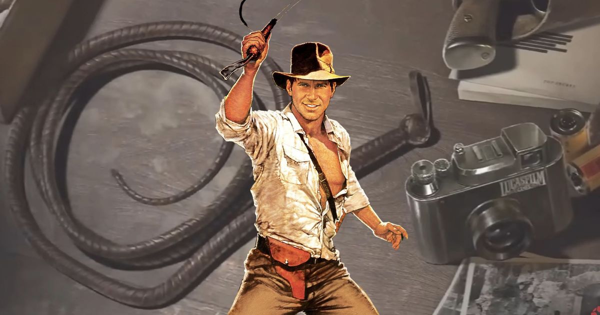 An image of Indiana Jones using his whip, in the background we see his whip and a camera that has the Lucasfilm logo ingrained