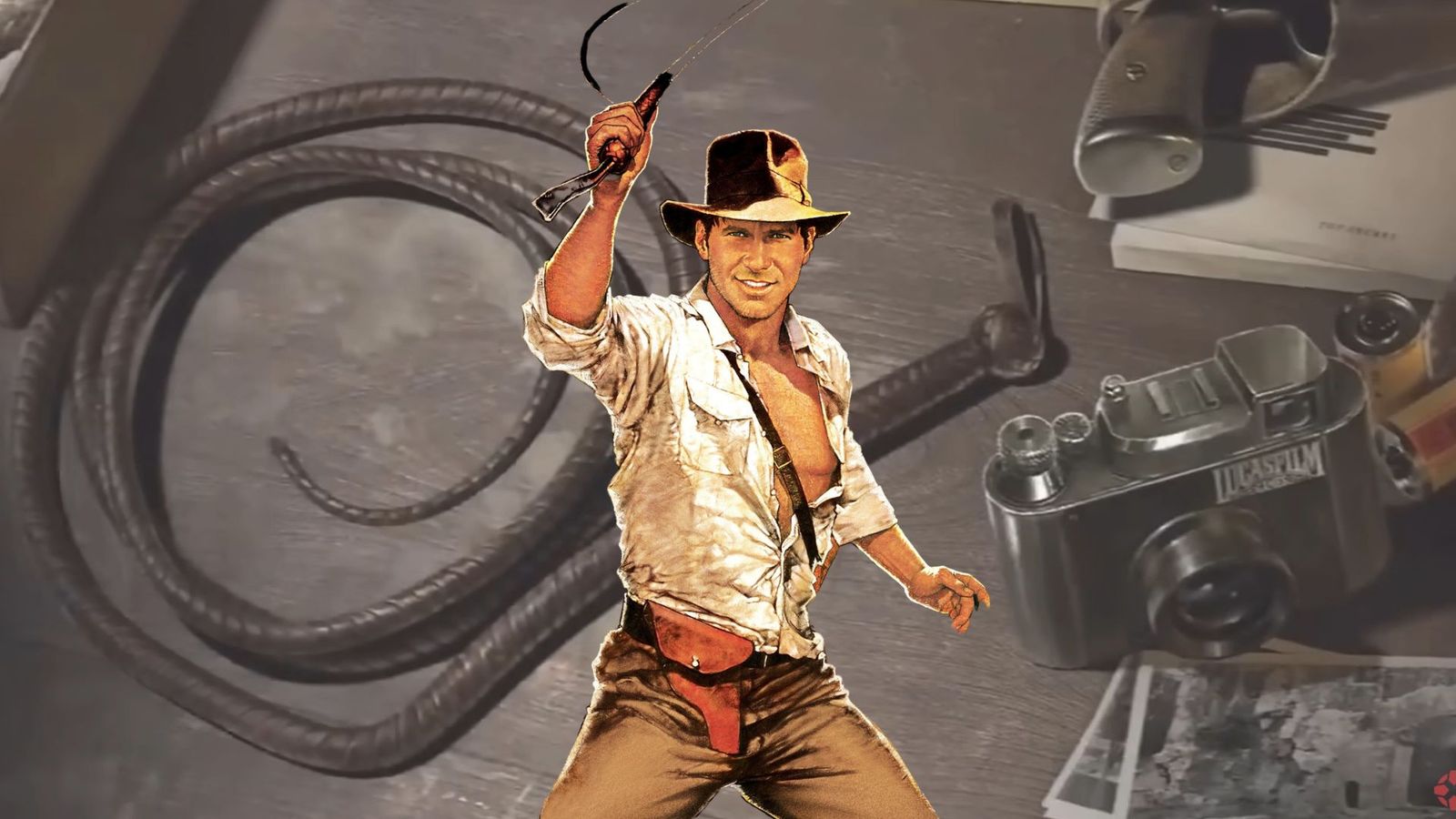 An image of Indiana Jones using his whip, in the background we see his whip and a camera that has the Lucasfilm logo ingrained