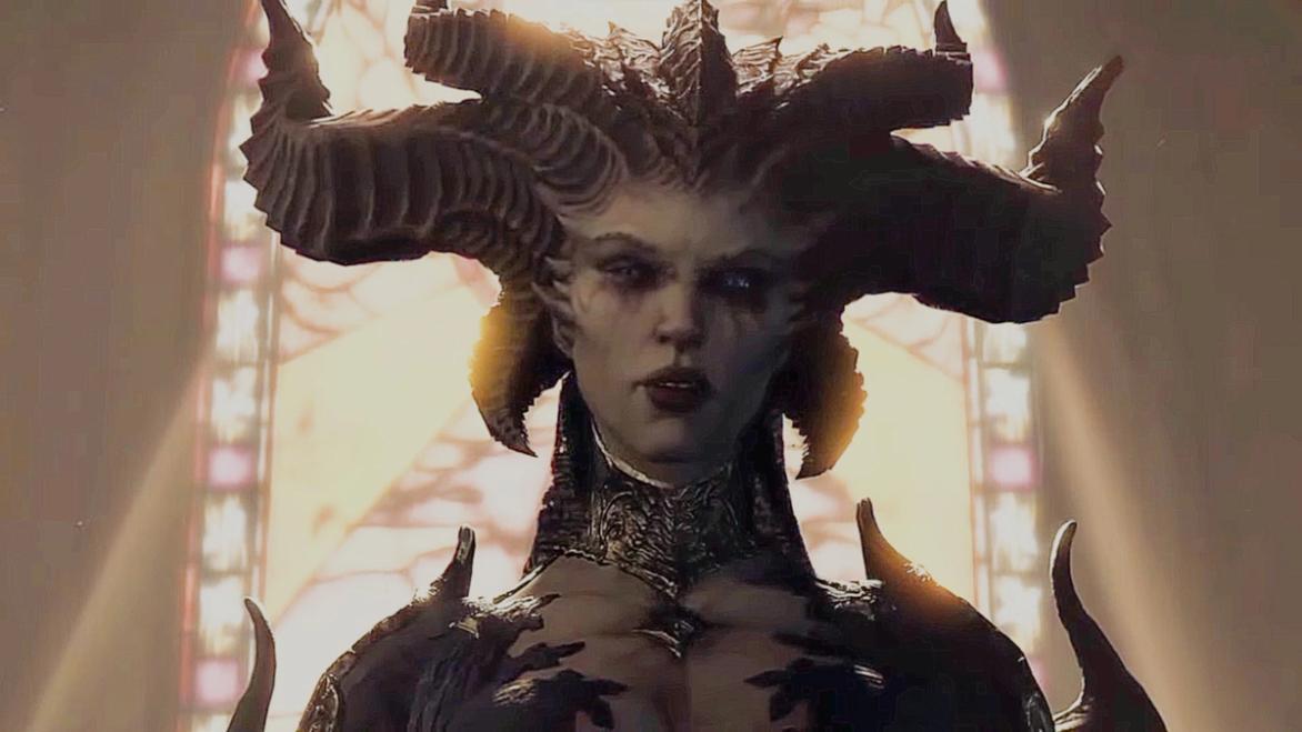 Diablo 4: Lilith - woman with black horns stood in front of a window