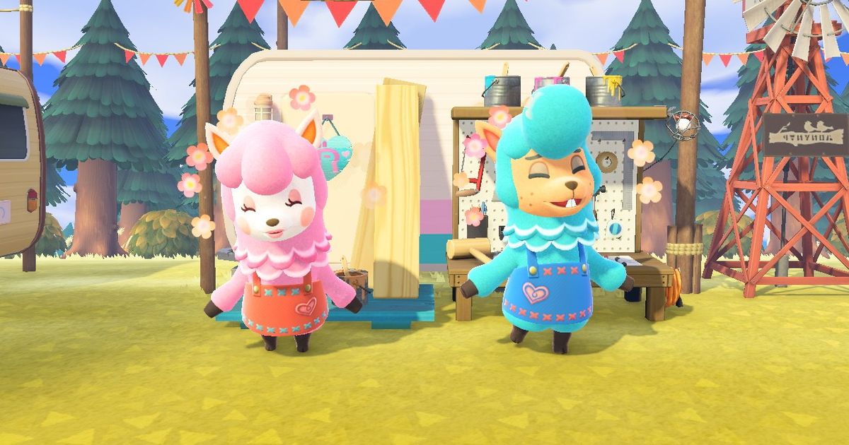 Reese and Cyrus on Harv's Island in Animal Crossing: New Horizons.