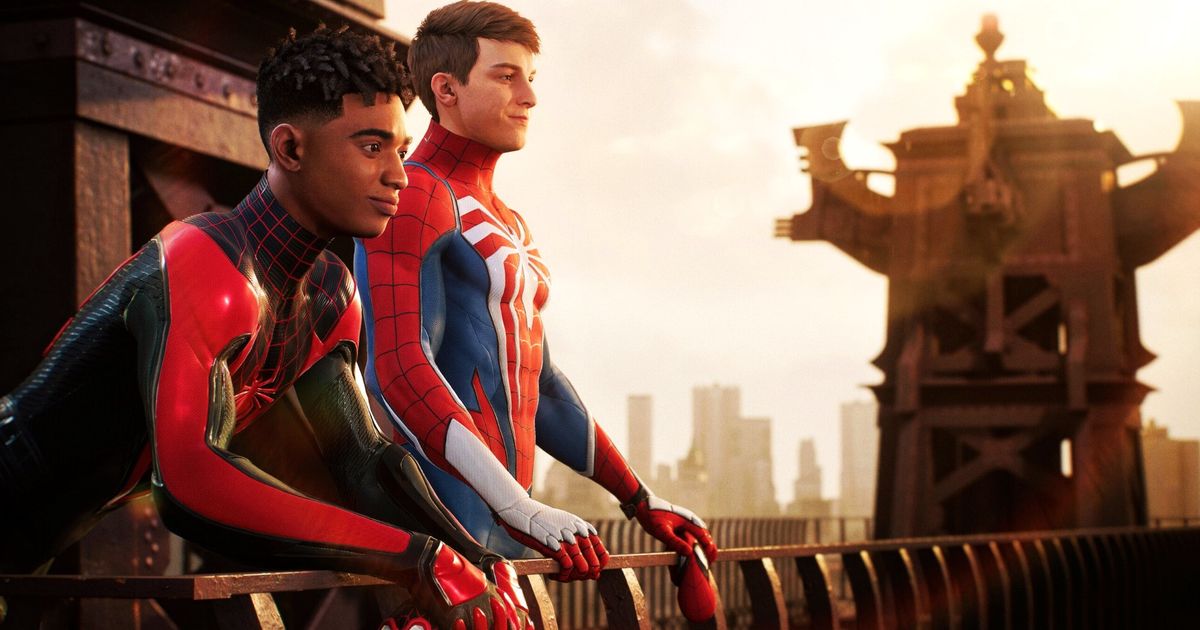 Miles Morales and Peter Parker standing side by side in Spider-Man 2