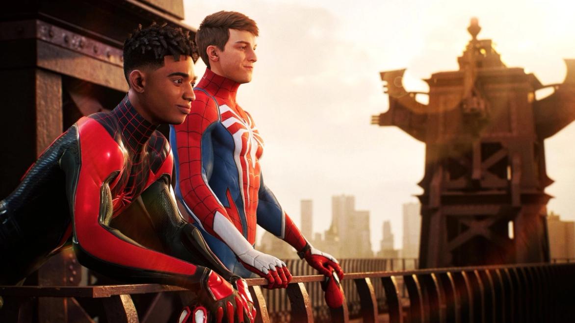 Peter Parker and Miles Morales standing side by side