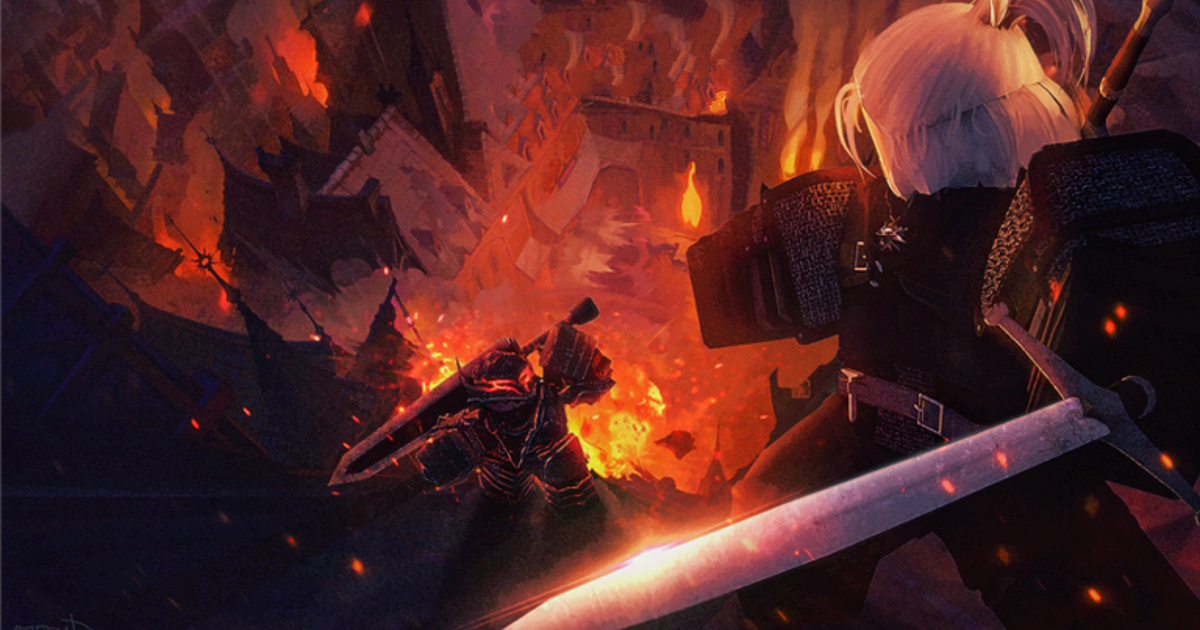 Roblox character holding a sword, standing over a knight above a pit of fire.