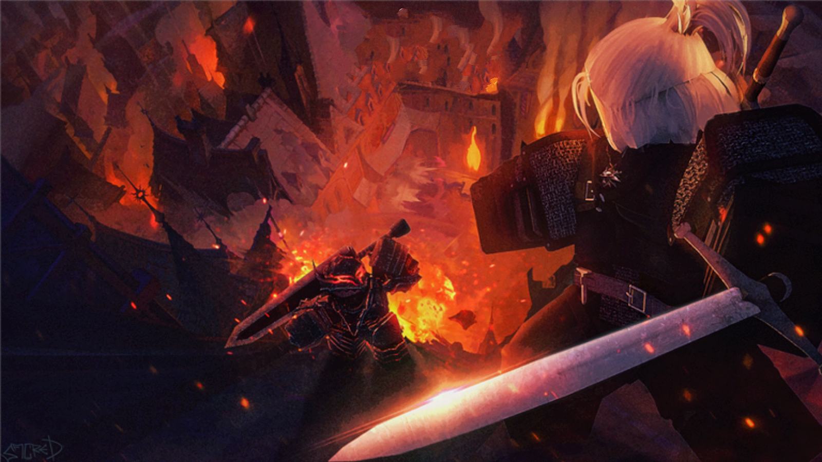 Roblox character holding a sword, standing over a knight above a pit of fire.