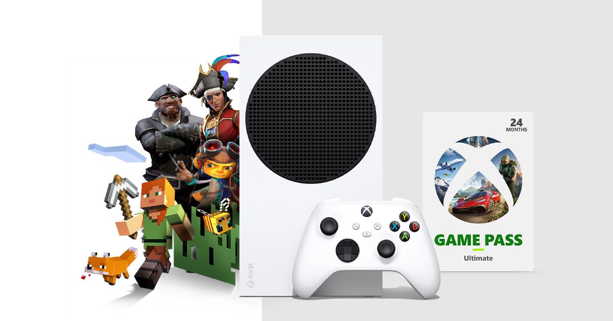 A white Xbox with a white controller leaning against it with a group of video game characters coming out one side, while the other features a white Xbox Game Pass Ultimate.