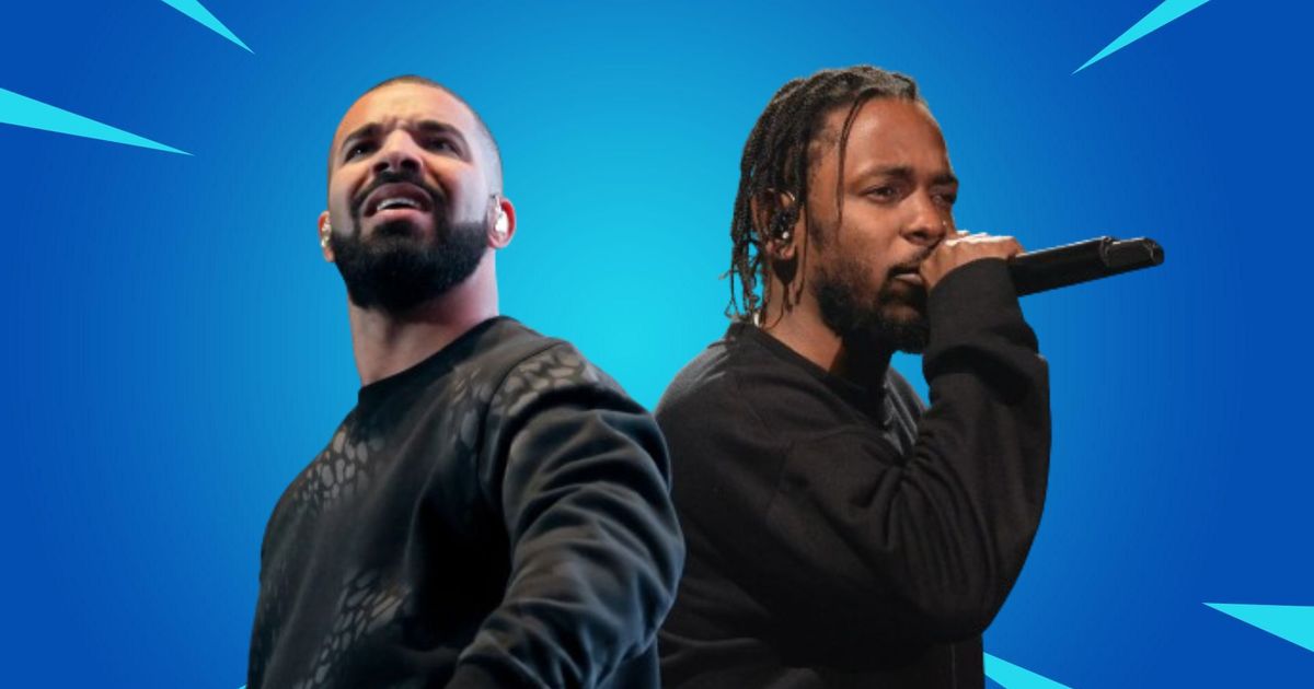 Rappers Drake and Kendrick Lamar with a Fortnite blue background
