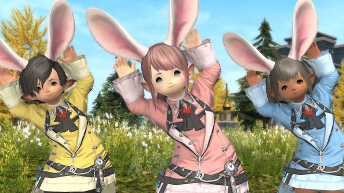 The Ear Wiggle emote used by three Lalafell in FFXIV.