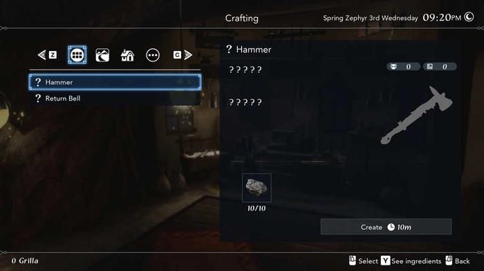 The crafting screen in Harvestella showing the hammer.