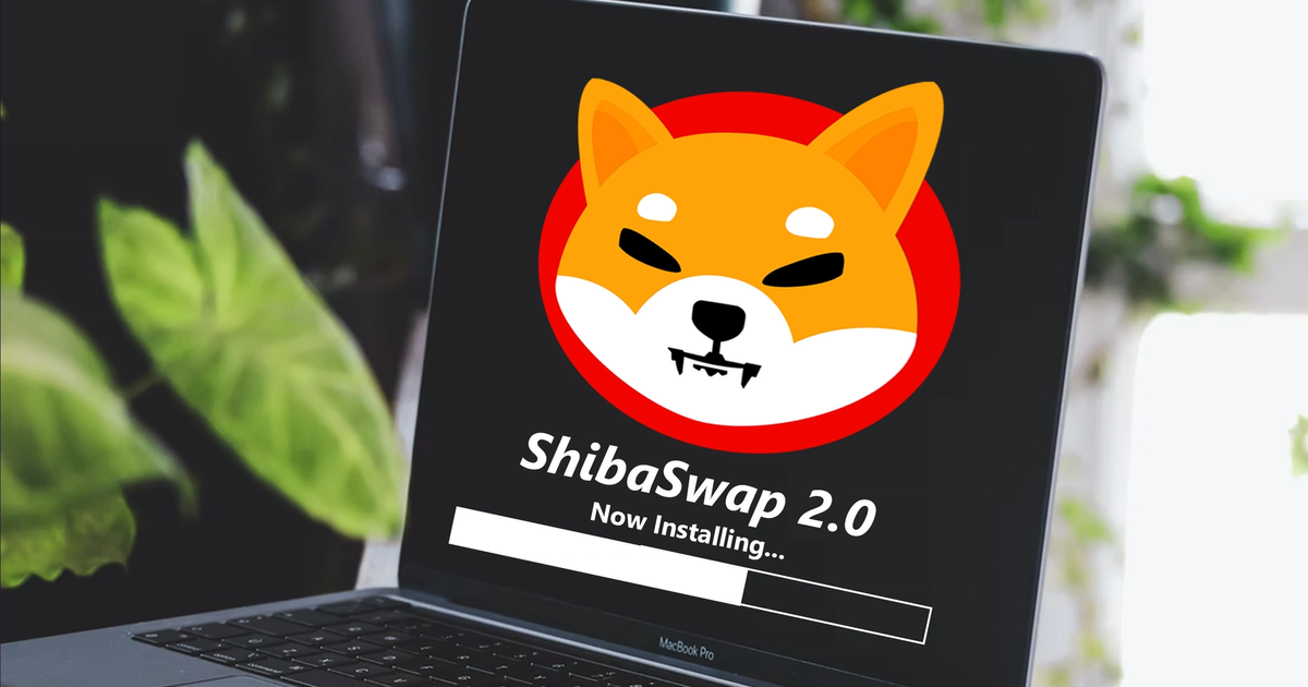 Shiba Inu (SHIB) logo on a MacBook Pro with the text ShibaSwap 2.0 Now Instaling, and a white progress bar.