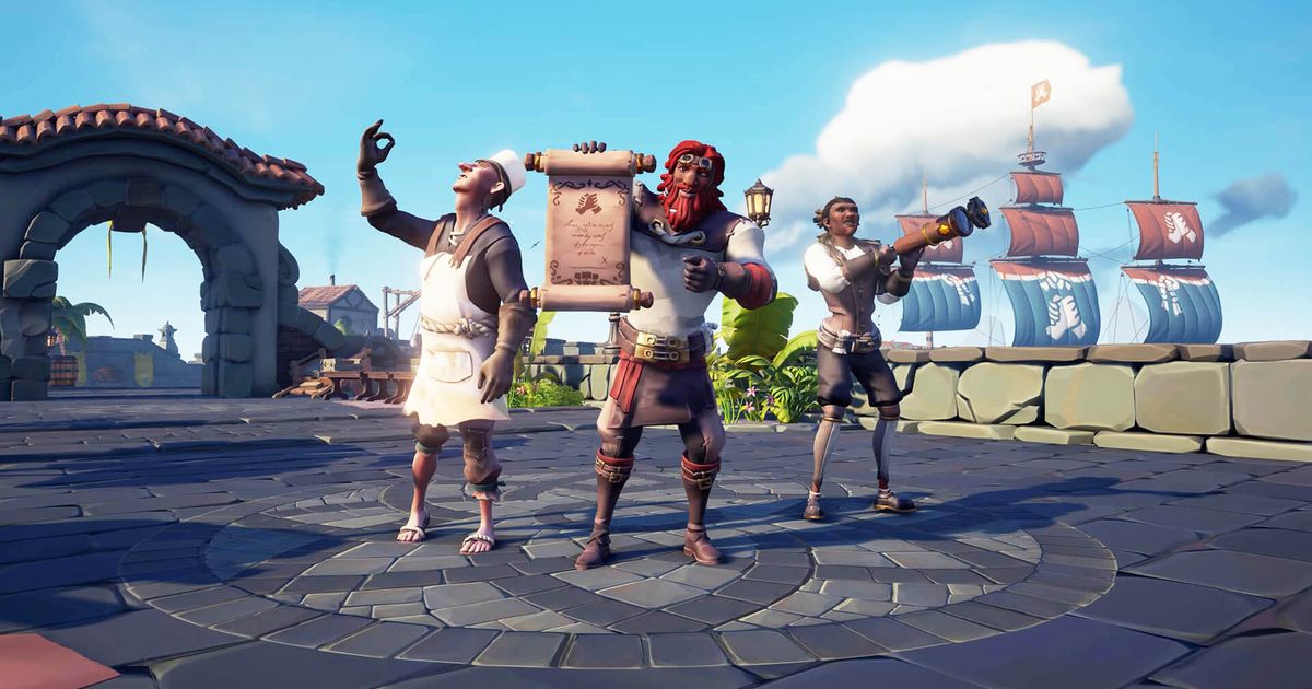 Sea of Thieves player holding scroll with other pirates standing either side